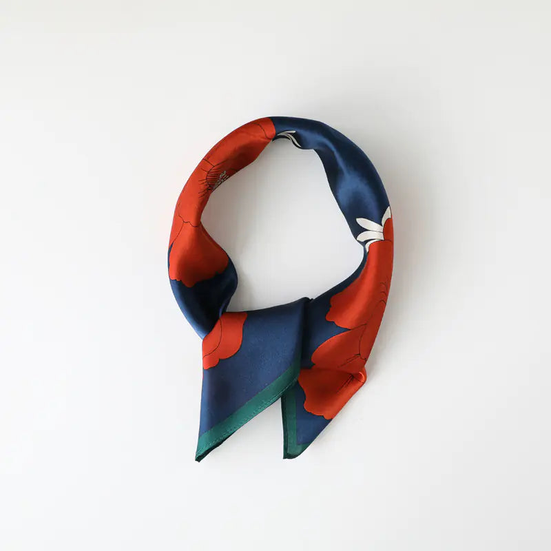 Korean Floral Silk Scarf - Navy Blue