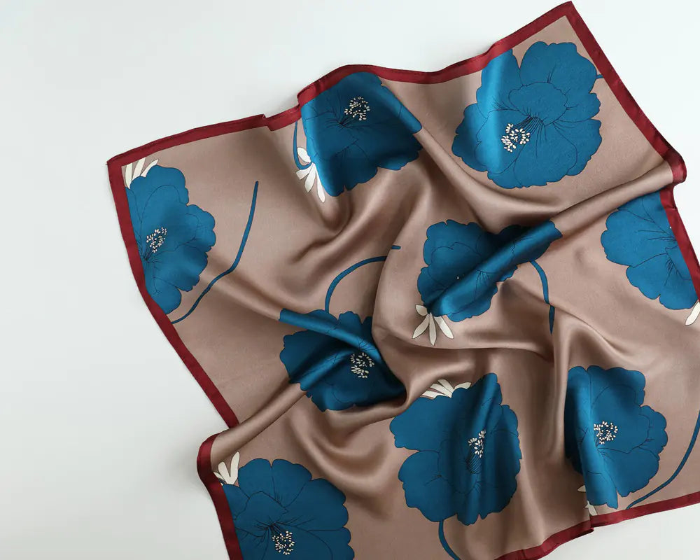 Korean Floral Silk Scarf - Brown