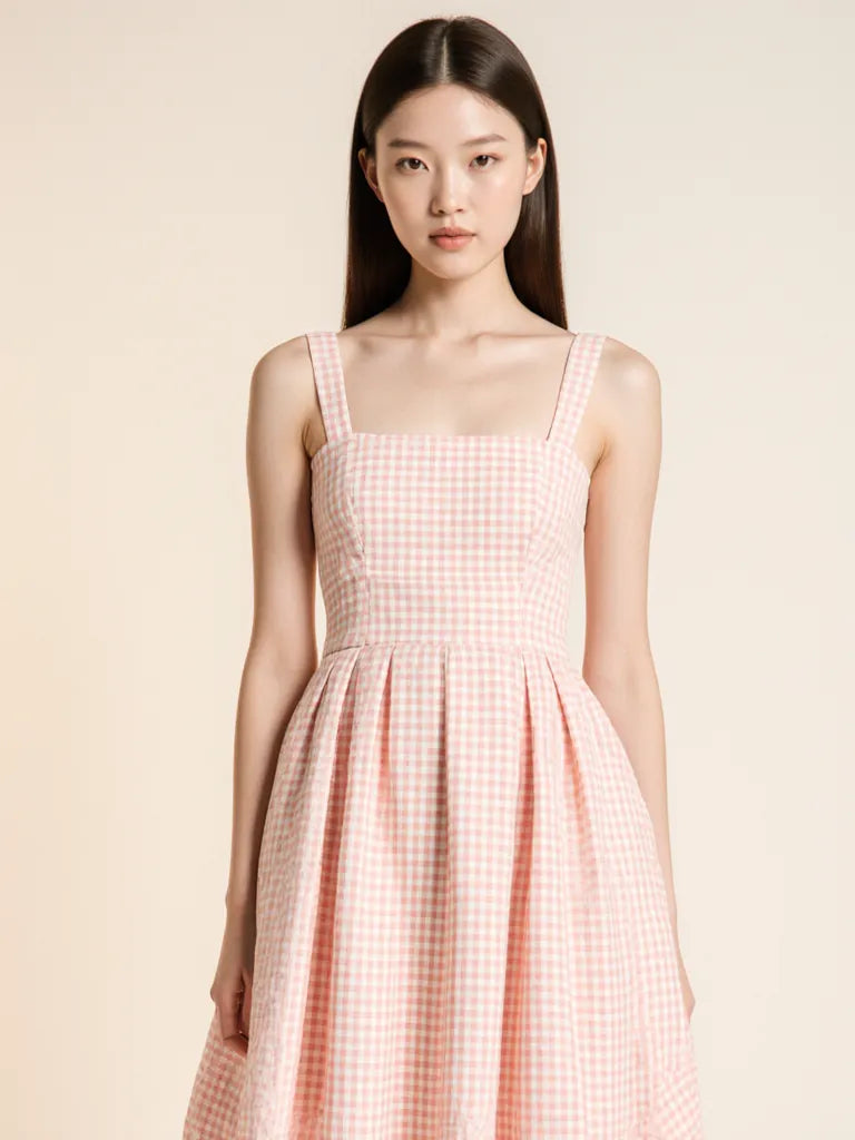 Vestido midi cintura basque rosa xadrez - frente