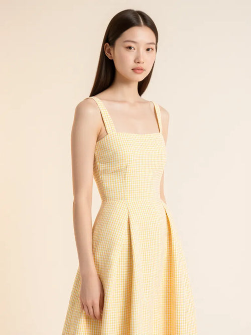 Vestido midi cintura basque amarelo xadrez - tres quartos