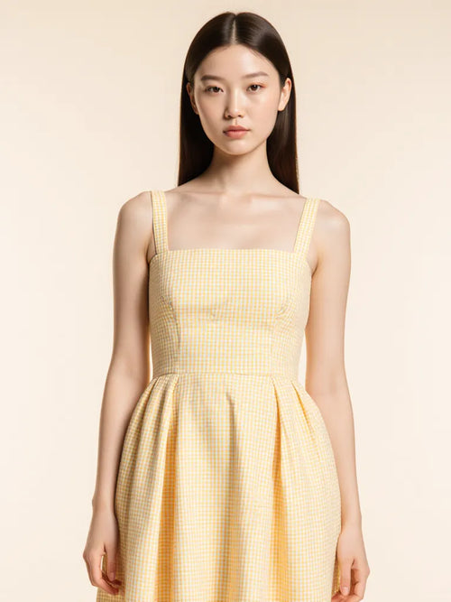 Vestido midi cintura basque amarelo xadrez - frente