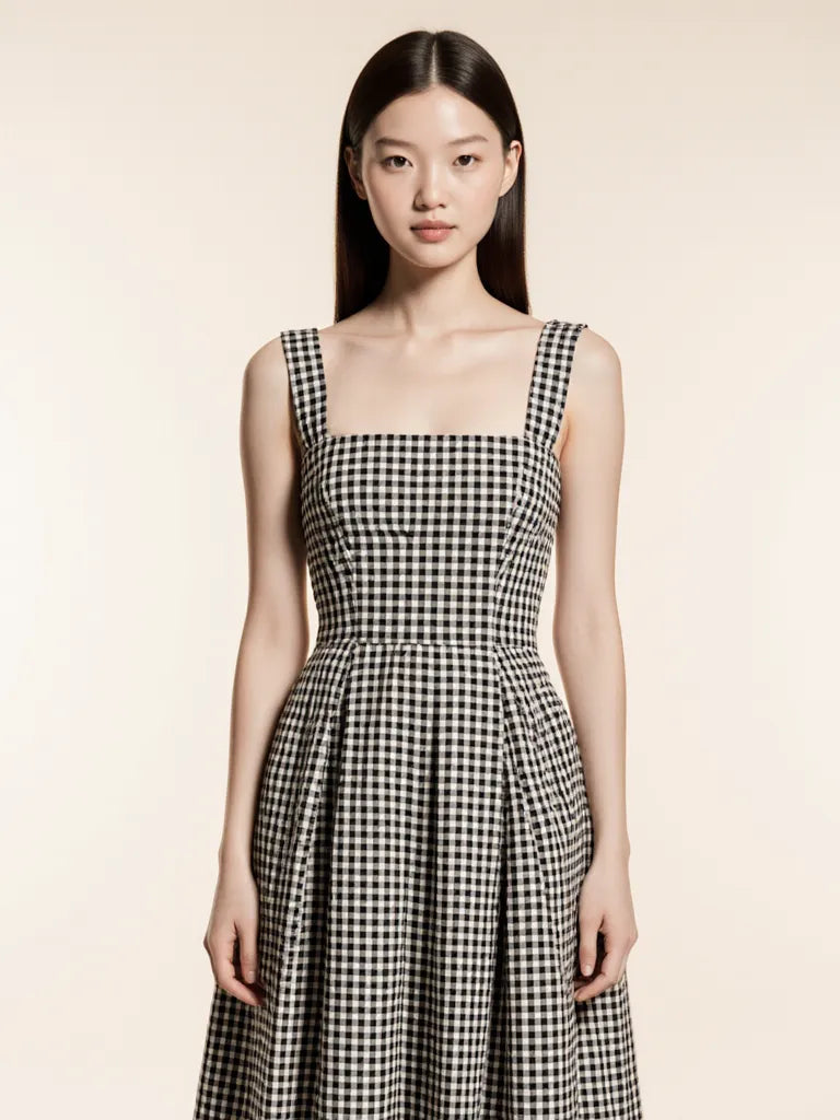 Vestido midi cintura basque preto xadrez - frente