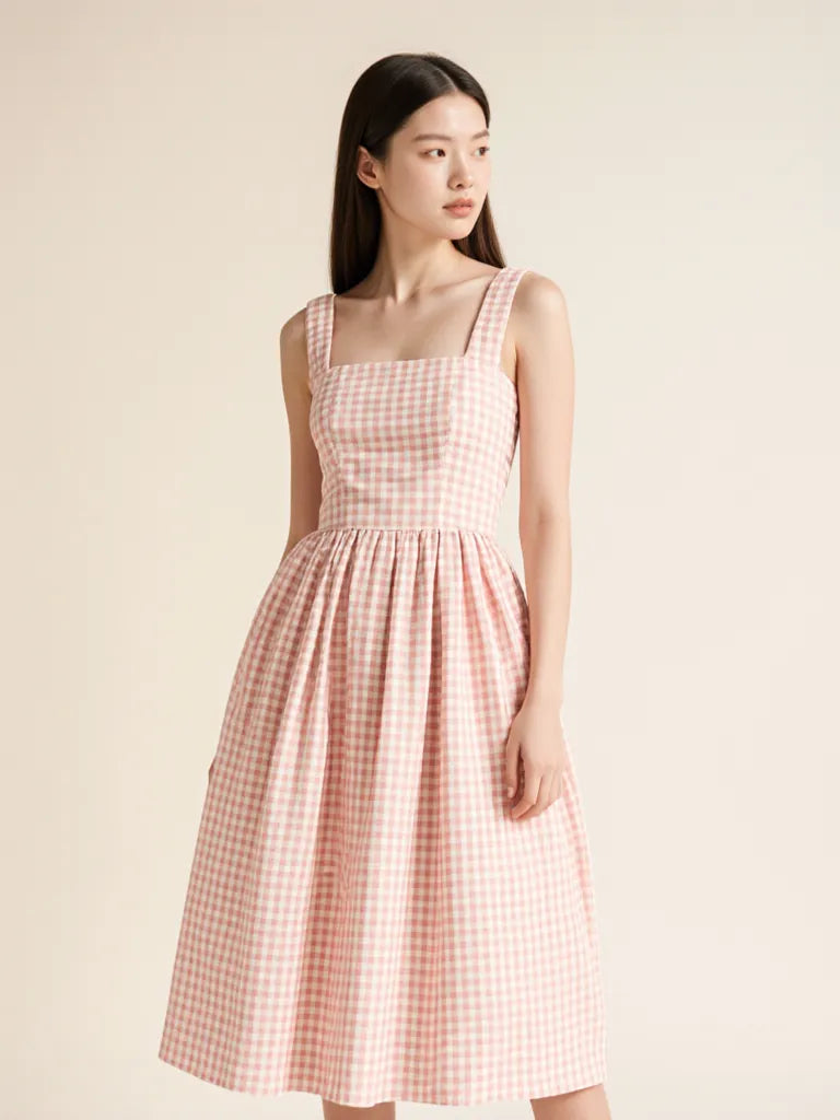 Vestido midi cintura basque rosa xadrez - tres quartos